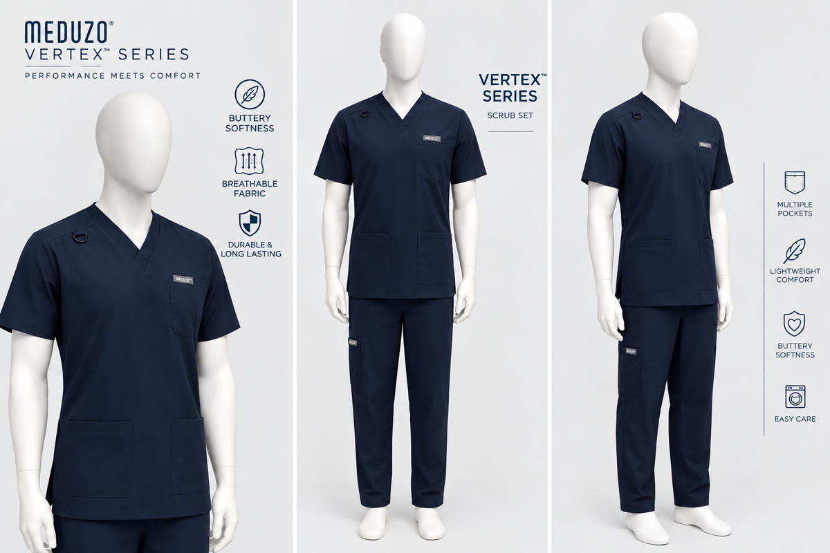 Three mannequins display navy blue scrub sets from Meduzo Vertex Series, including a V-neck scrub top and pants set, a scrub set with multiple pockets, and a scrub top with a tie collar. The image features product specifications and benefits text on a clean white background.