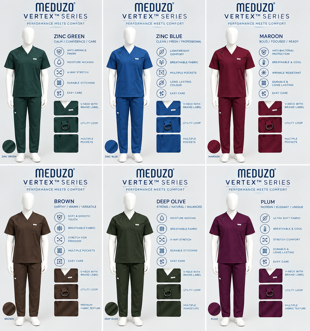 A six-color product catalog graphic for Meduzo Vertex Series performance scrub sets, showing mannequins wearing green, blue, maroon, brown, olive, and plum uniforms with feature callouts on a white background.
