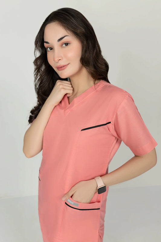 Coral- Peach Cotton Striped Female Scrubs