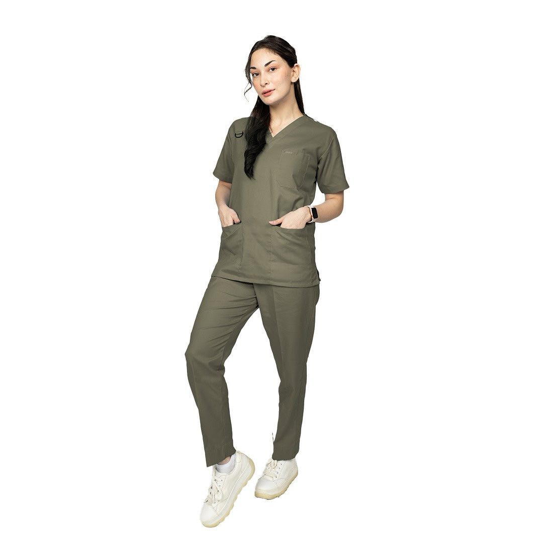 Vervedo – Olive Green V-Neck Blended Unisex Scrubs