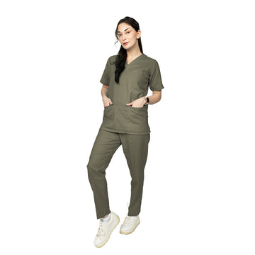 Vervedo – Olive Green V-Neck Blended Unisex Scrubs